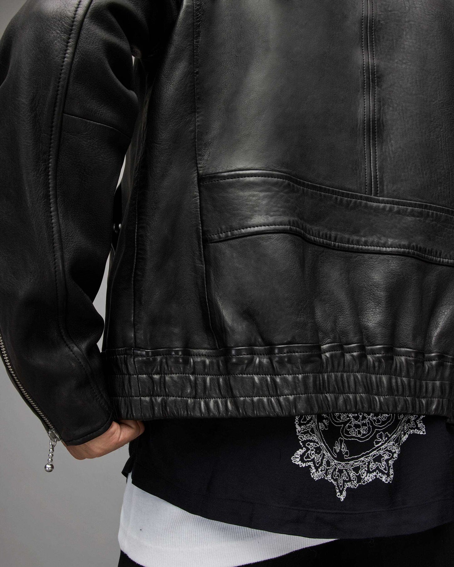 Men's Leather Bomber Harrington Jacket In Black
