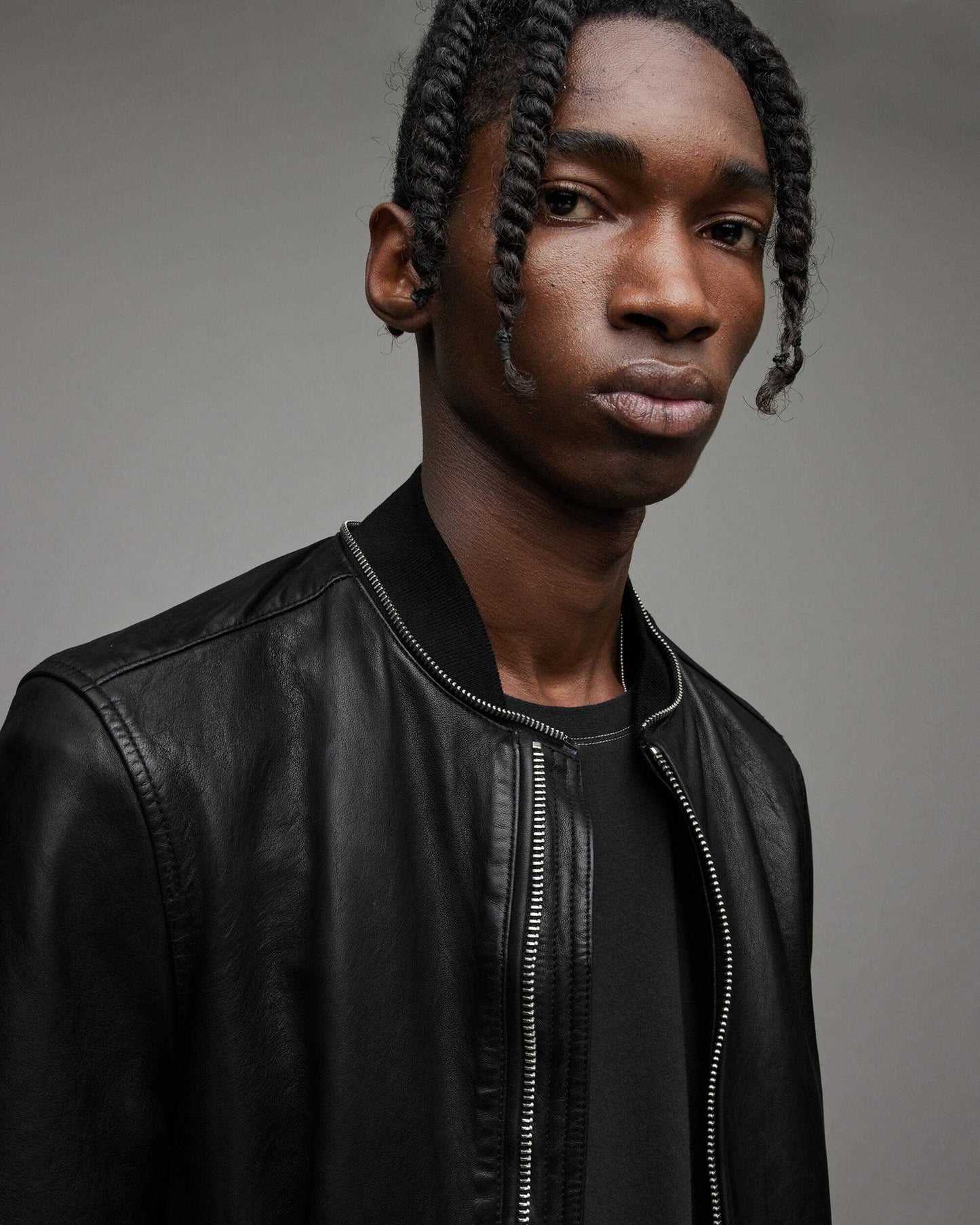 Men's Leather Bomber Jacket In Black With Dual Collar