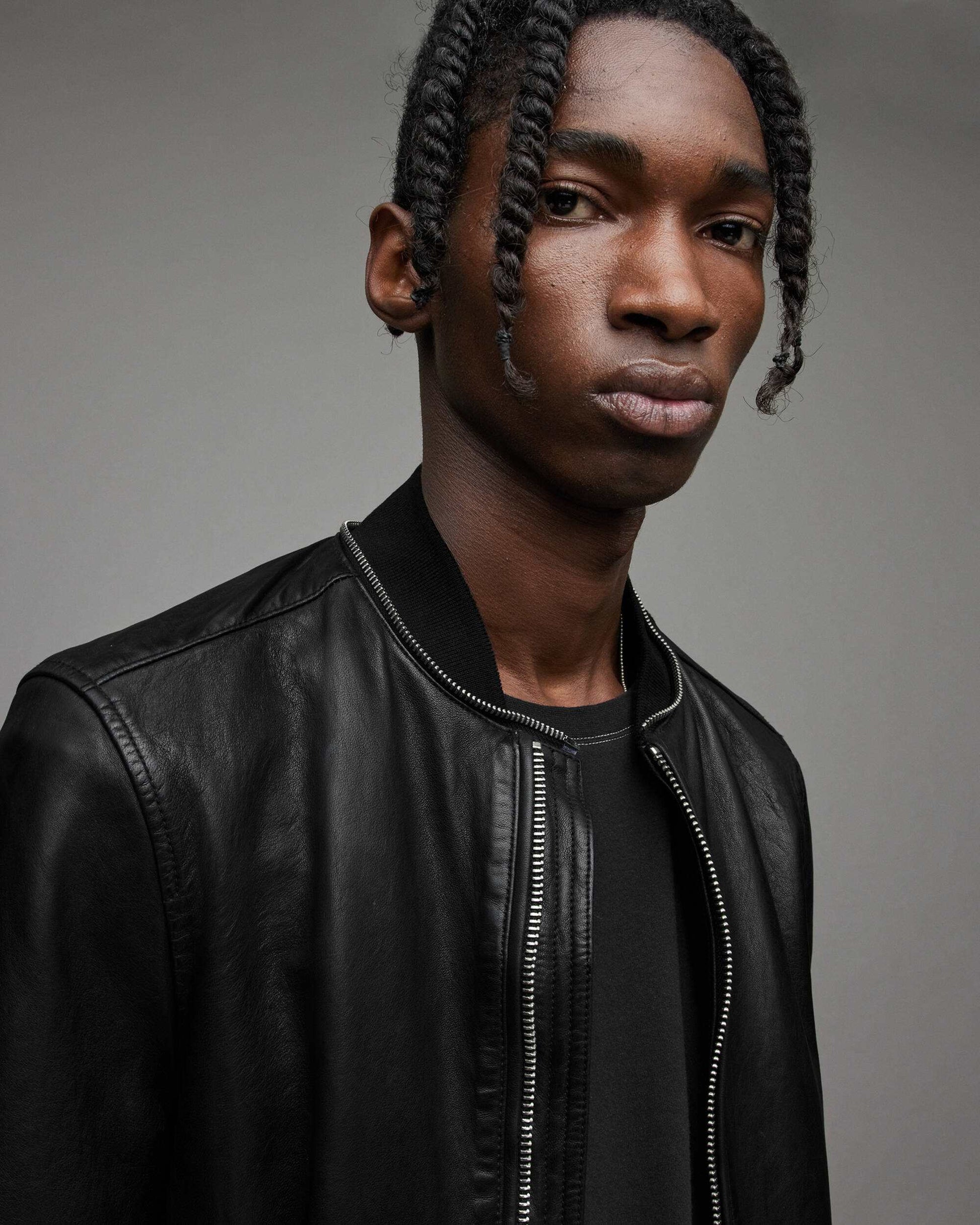 Men's Leather Bomber Jacket In Black With Dual Collar