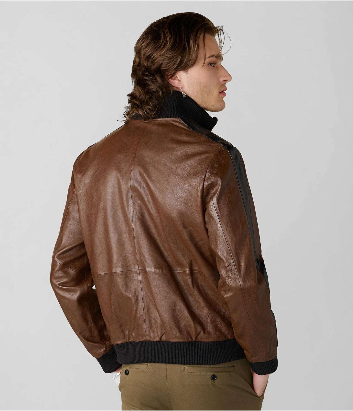 Men's Leather Bomber Jacket In Chocolate Brown With Stripes