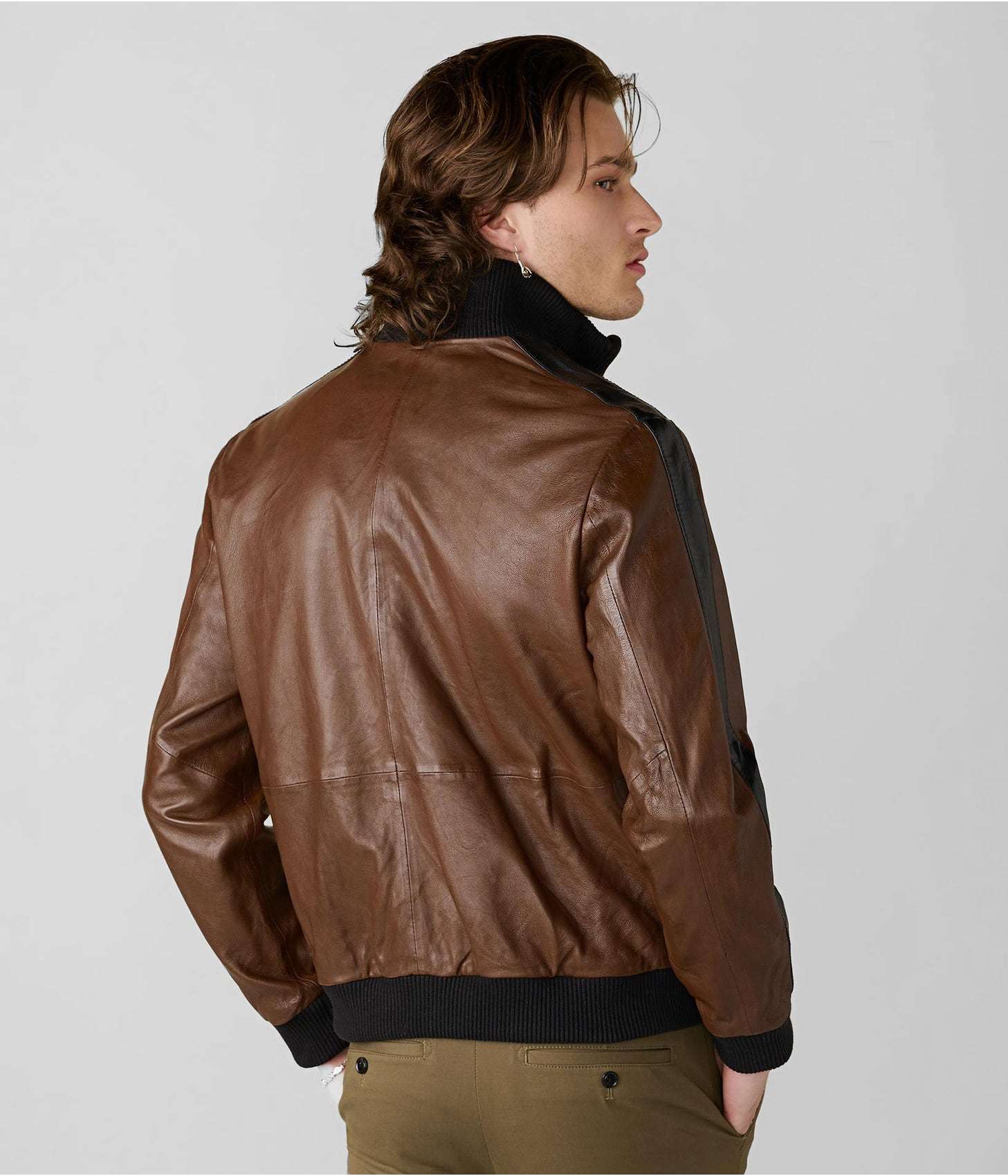 Men's Leather Bomber Jacket In Chocolate Brown With Stripes