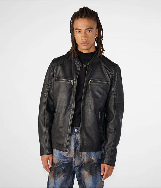 Men's Leather Cafe Racer Biker Jacket In Black