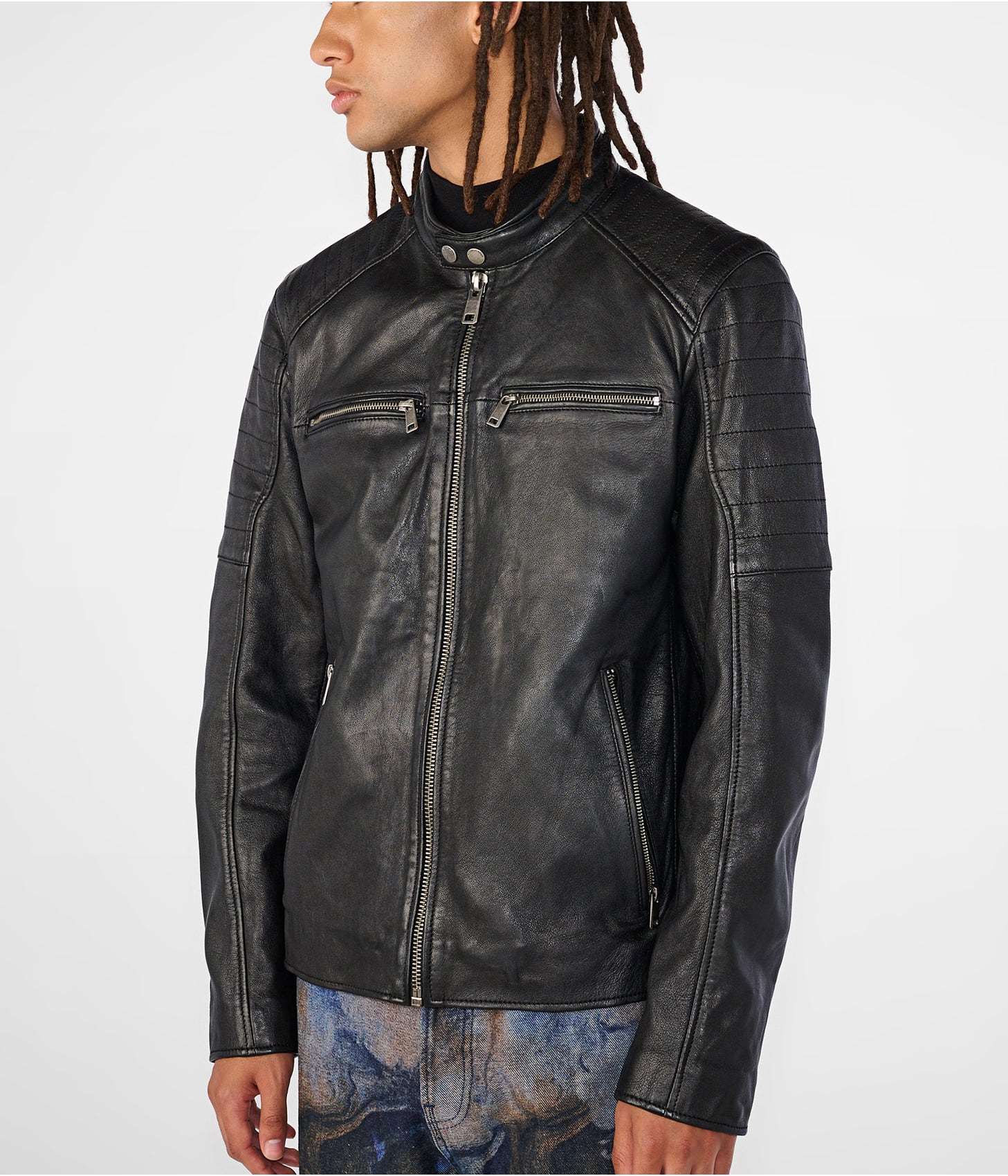 Men's Leather Cafe Racer Biker Jacket In Black