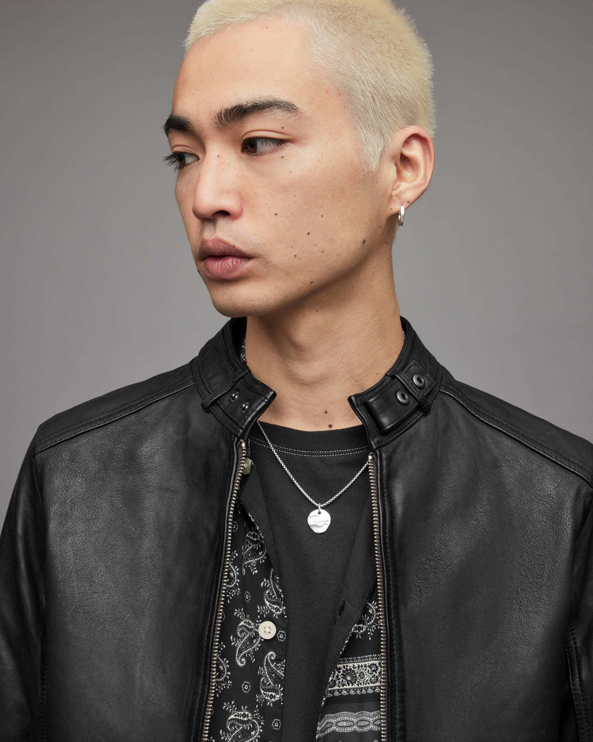 Men's Leather Harrington Jacket In Black With Band Collar And Snap Button