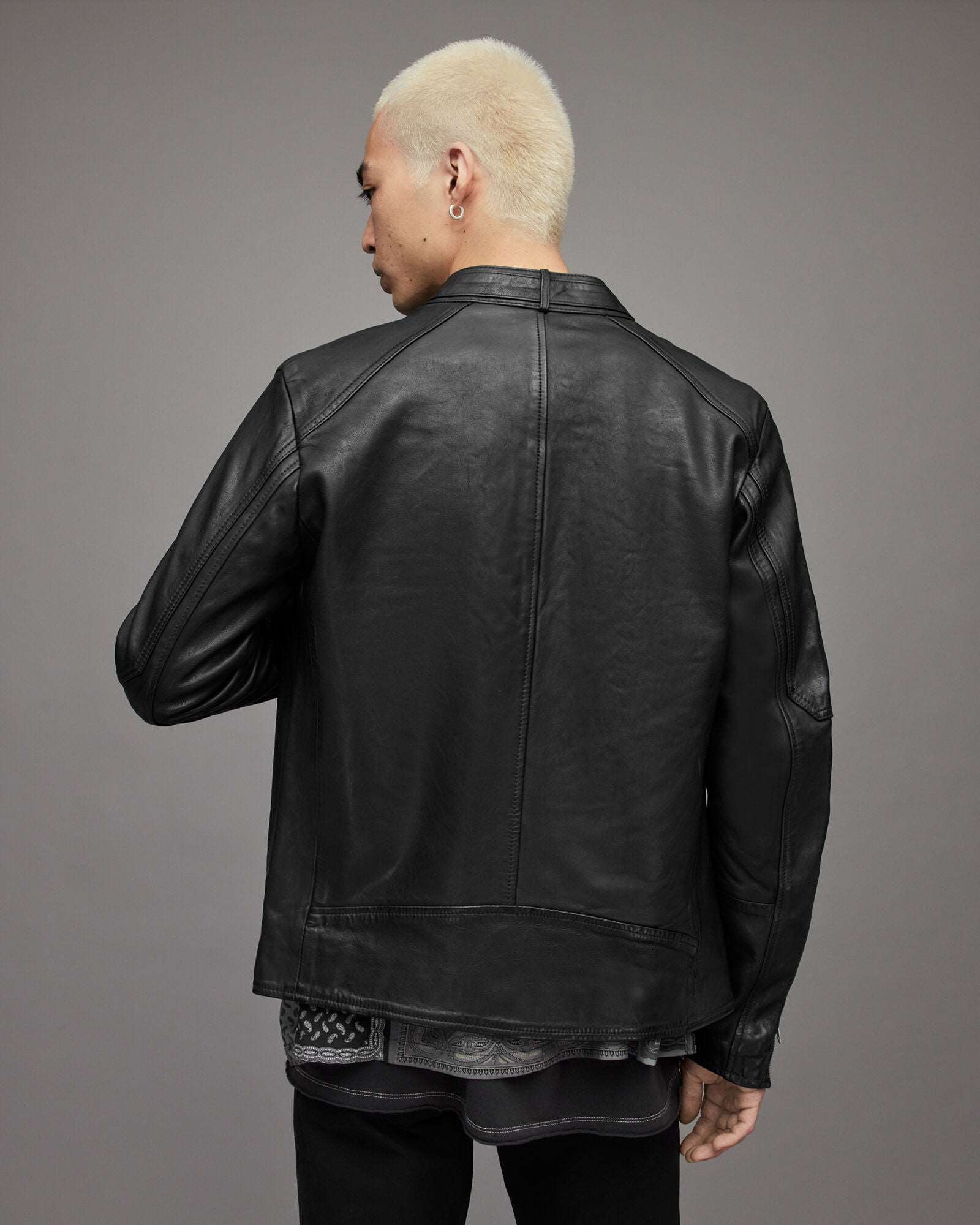 Men's Leather Harrington Jacket In Black With Band Collar And Snap Button