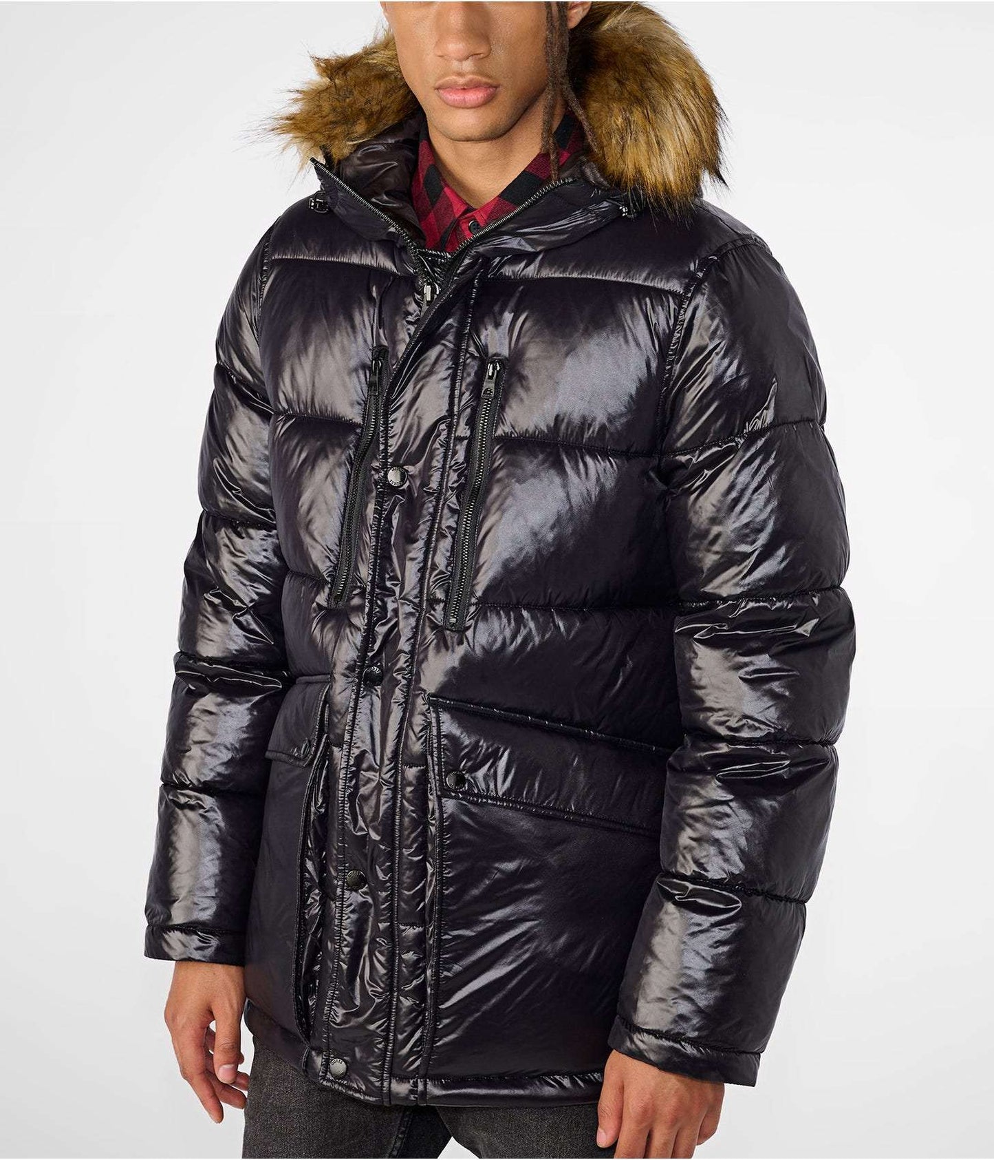 Men's Leather Puffer Jacket In Black With Fur Hood