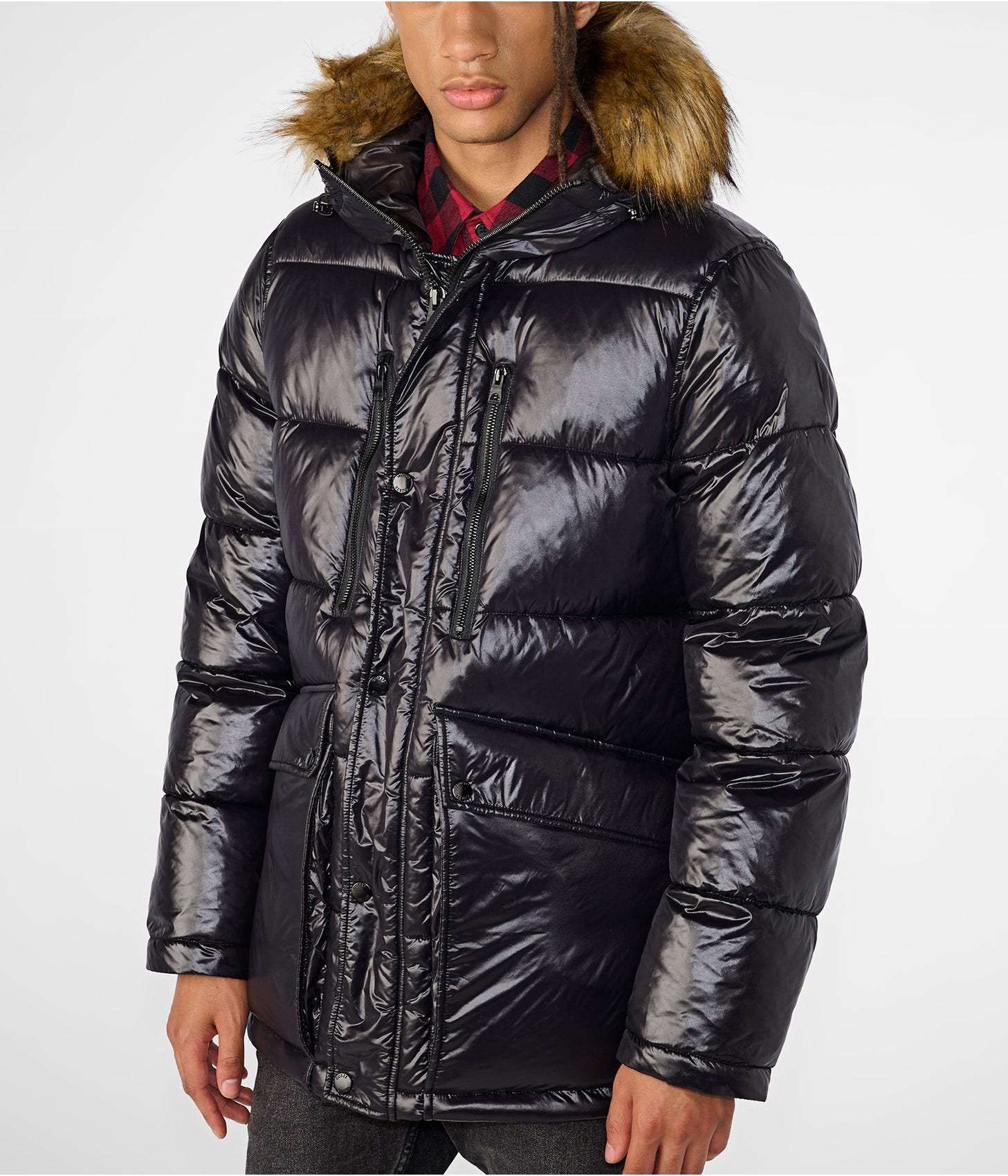Men's Puffer Jacket In Black With Fur Hood - Arcane Fox