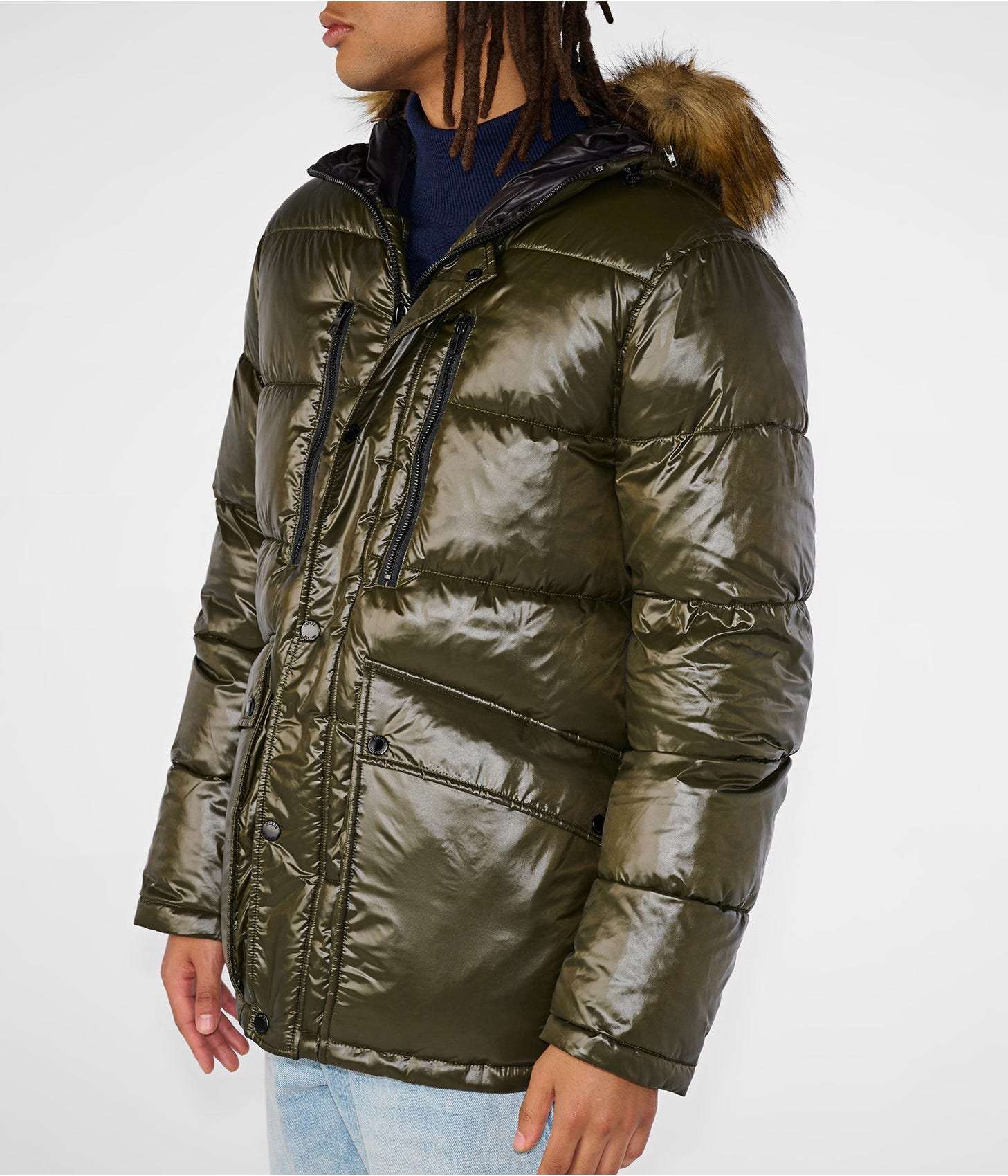 Men's Leather Puffer Jacket in Green With Fur Hood