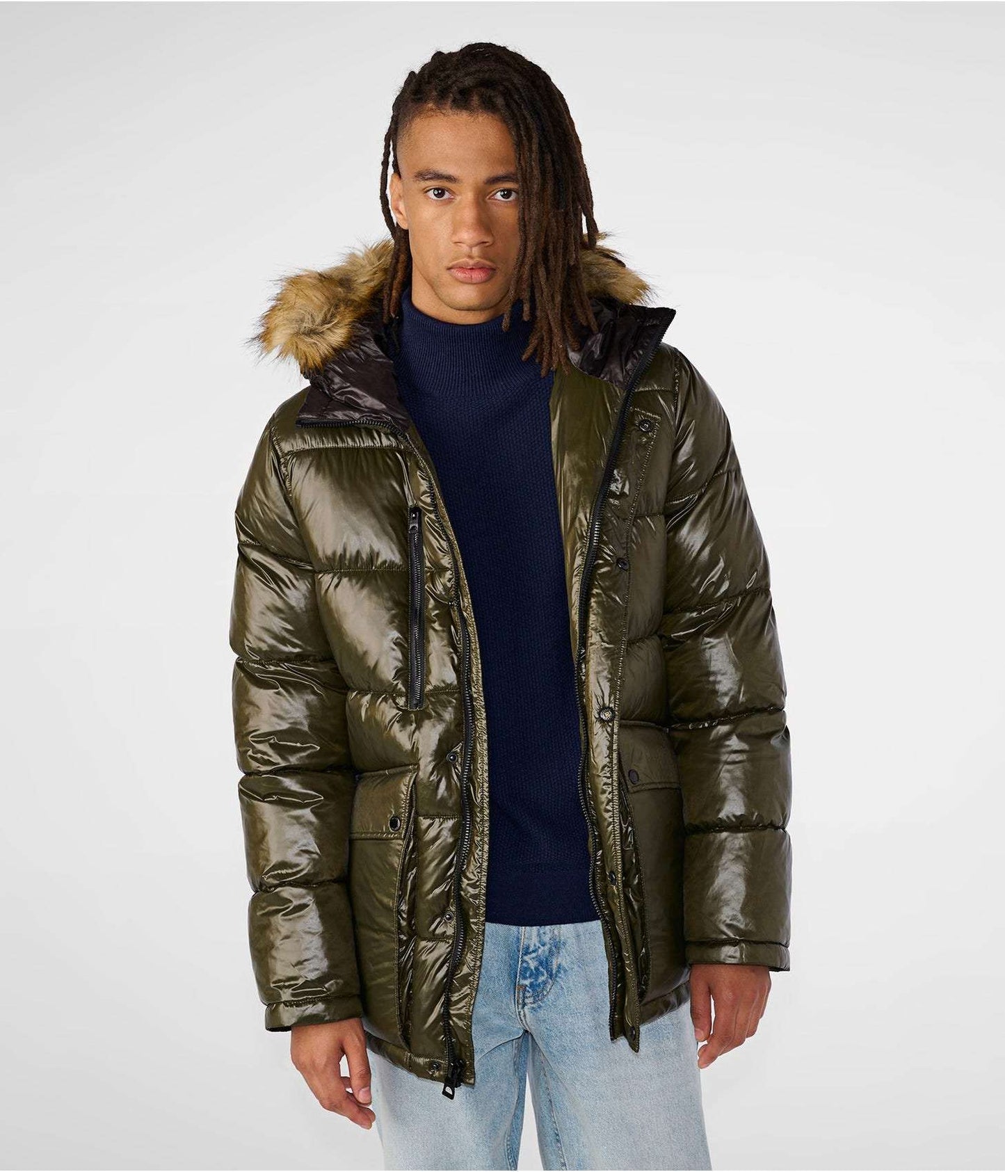 Men's Leather Puffer Jacket in Green With Fur Hood
