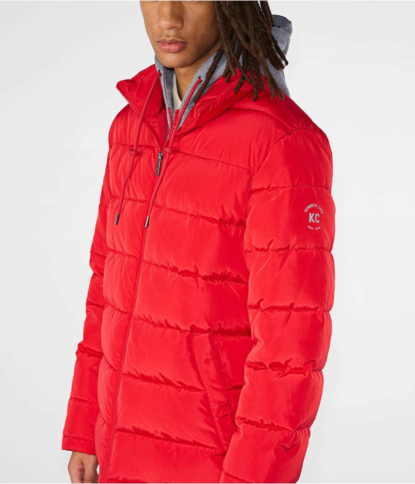 Men's Leather Puffer Jacket In Red With Removable Hood