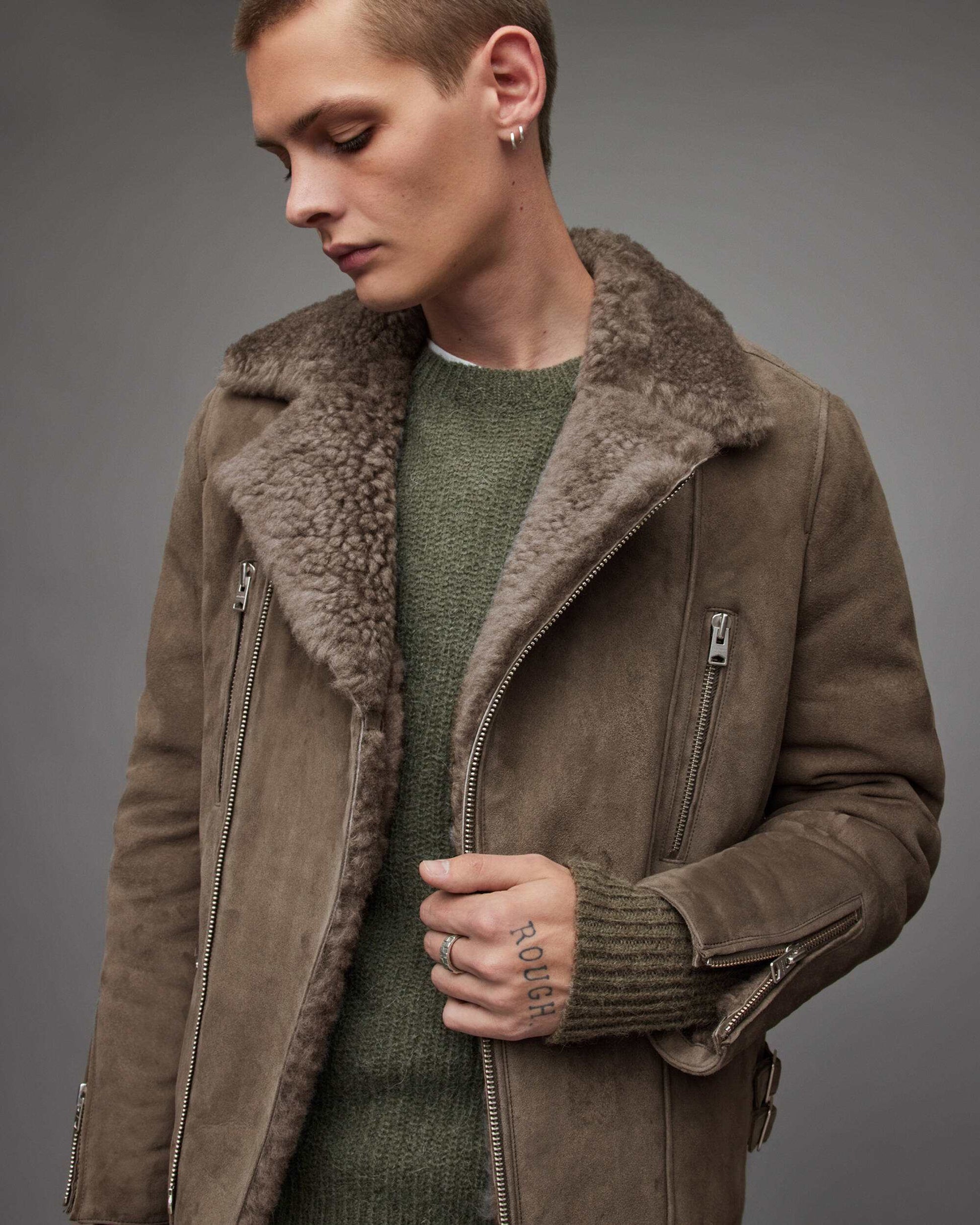 Men's Leather Shearling Biker Jacket In Beige Gray