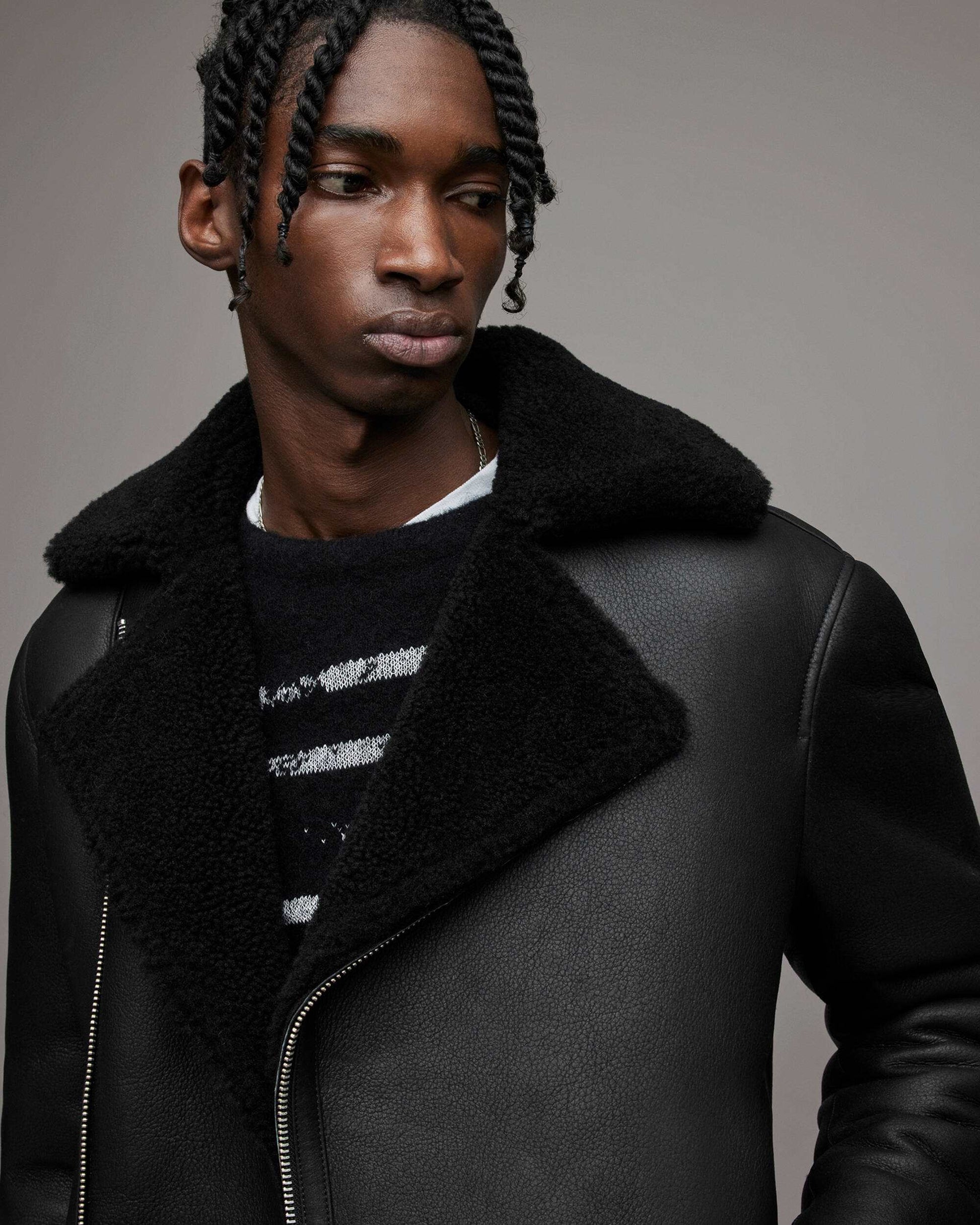 Men's Leather Shearling Biker Jacket In Back