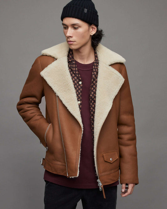 Men's Leather Shearling Biker Jacket In Tan Brown