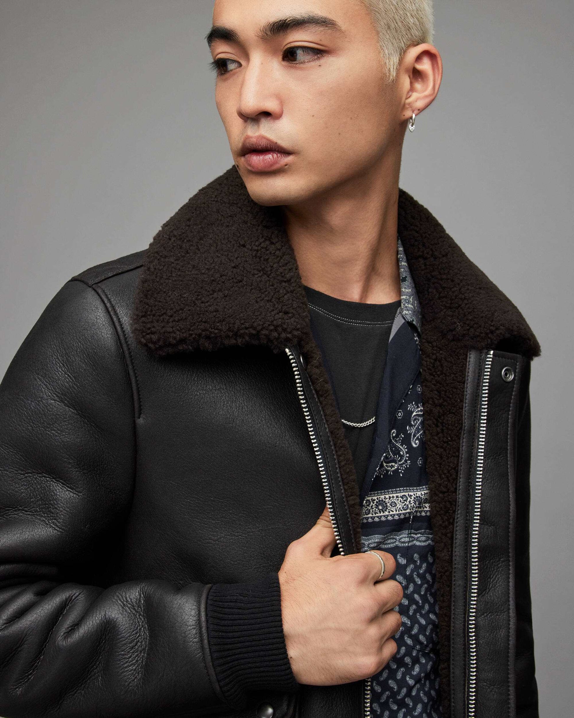 Men's Leather Shearling Bomber Jacket In Black