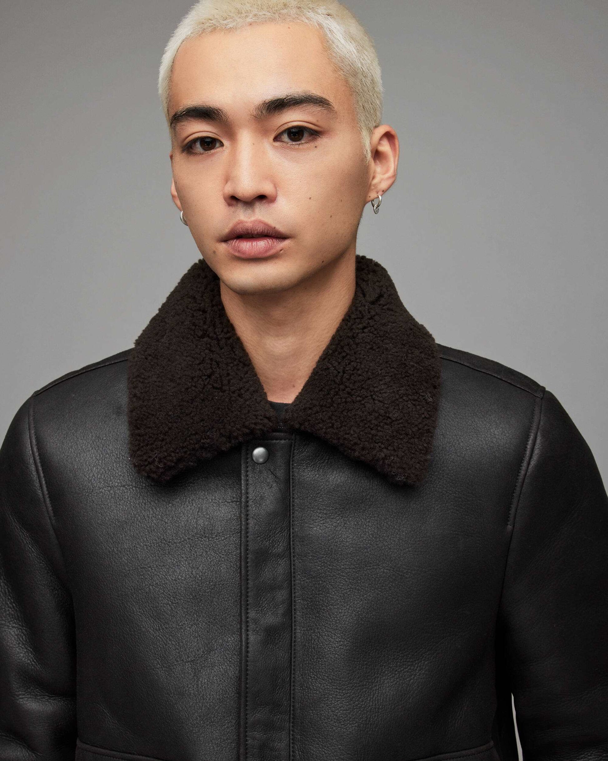 Men's Leather Shearling Bomber Jacket In Black