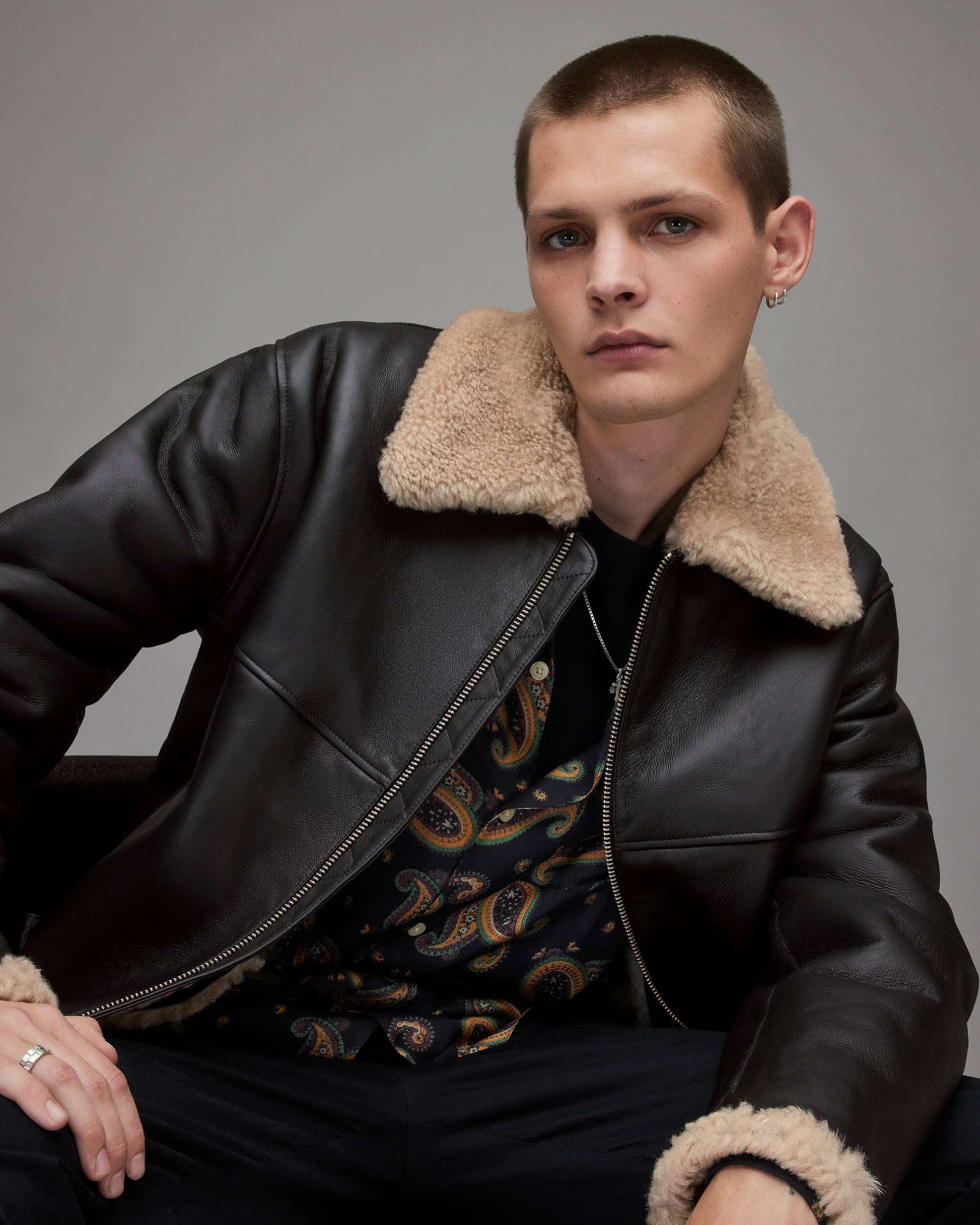 Men's Leather Shearling Jacket In Dark Brown