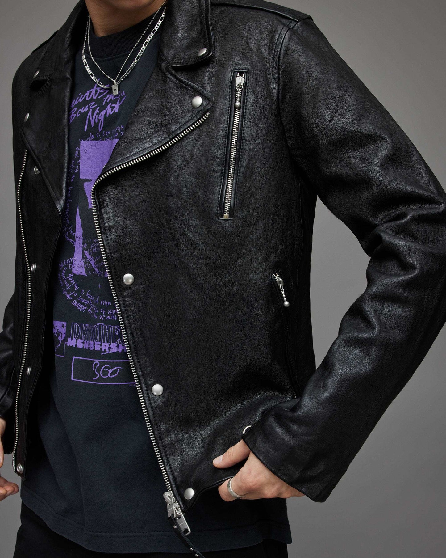 Men's Leather Vintage Biker Jacket In Black