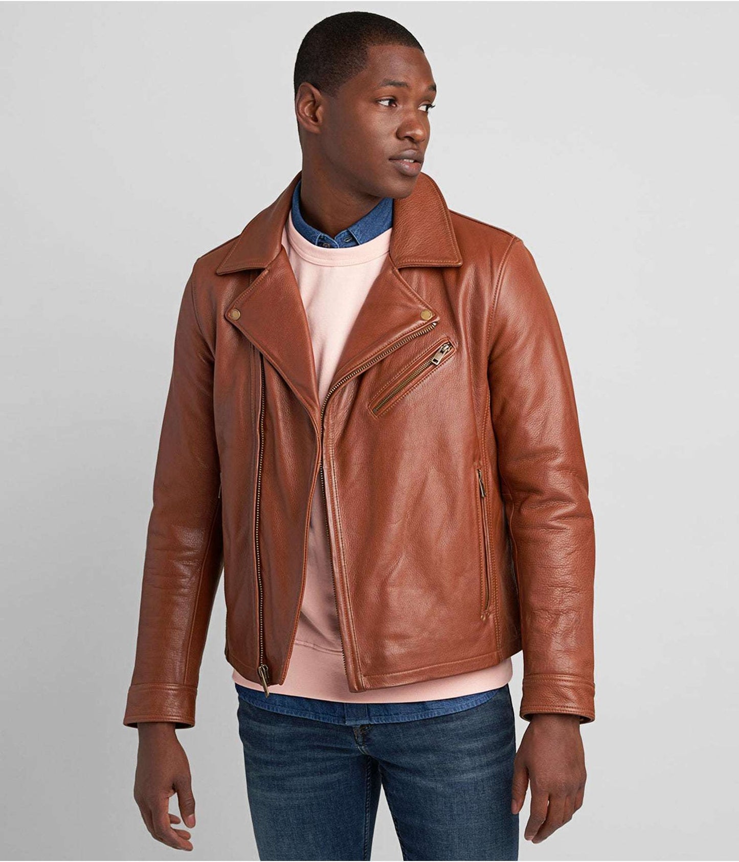 Men's Leather Vintage Biker Jacket In Tan Brown