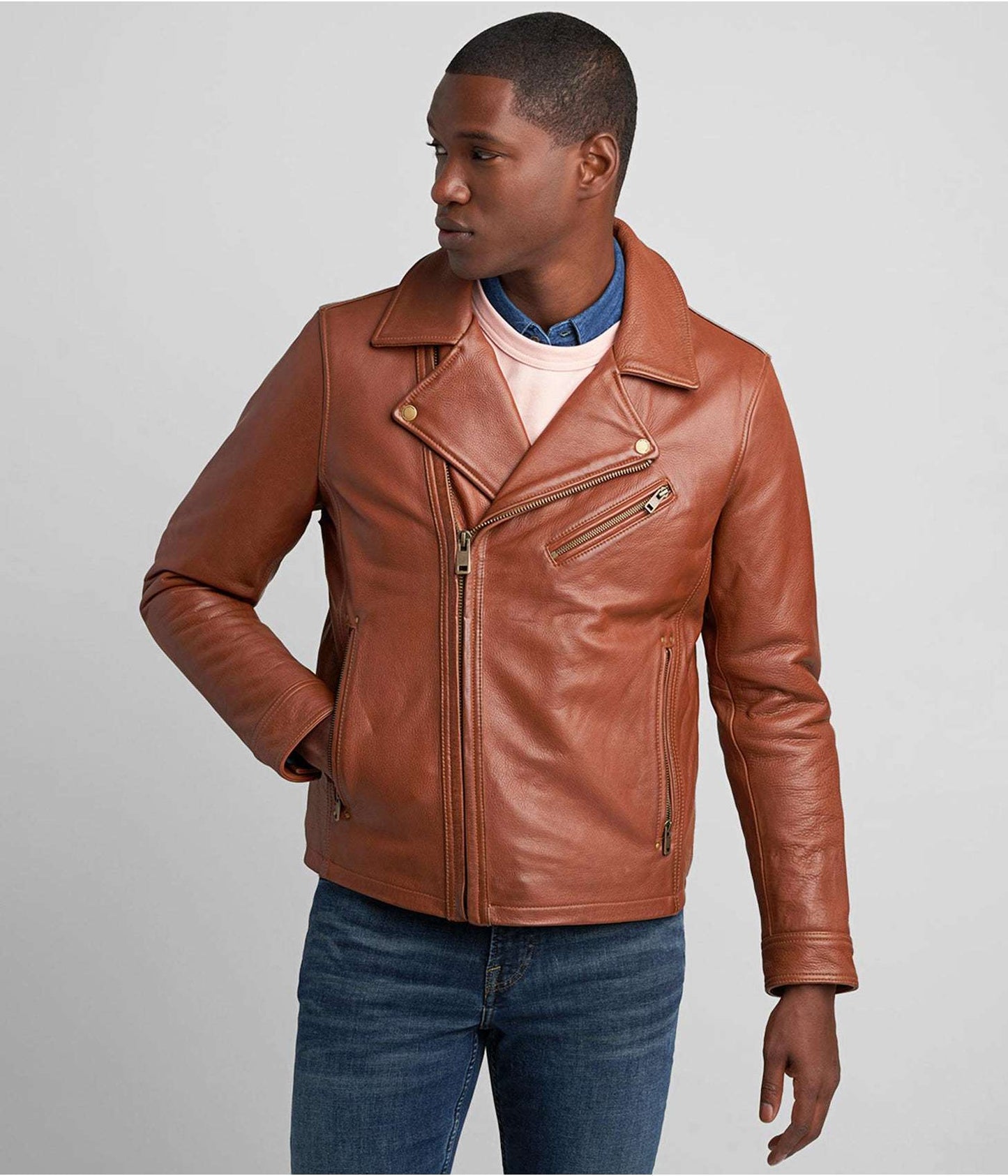 Men's Leather Vintage Biker Jacket In Tan Brown
