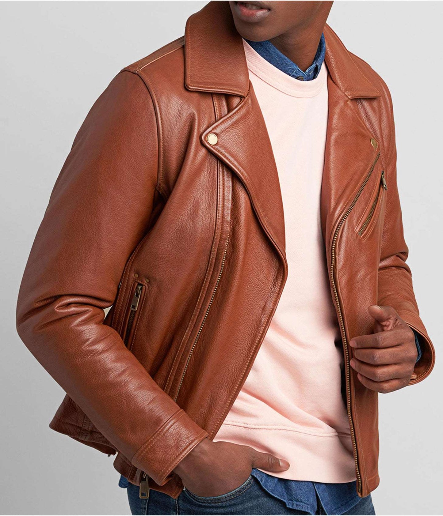 Men's Leather Vintage Biker Jacket In Tan Brown