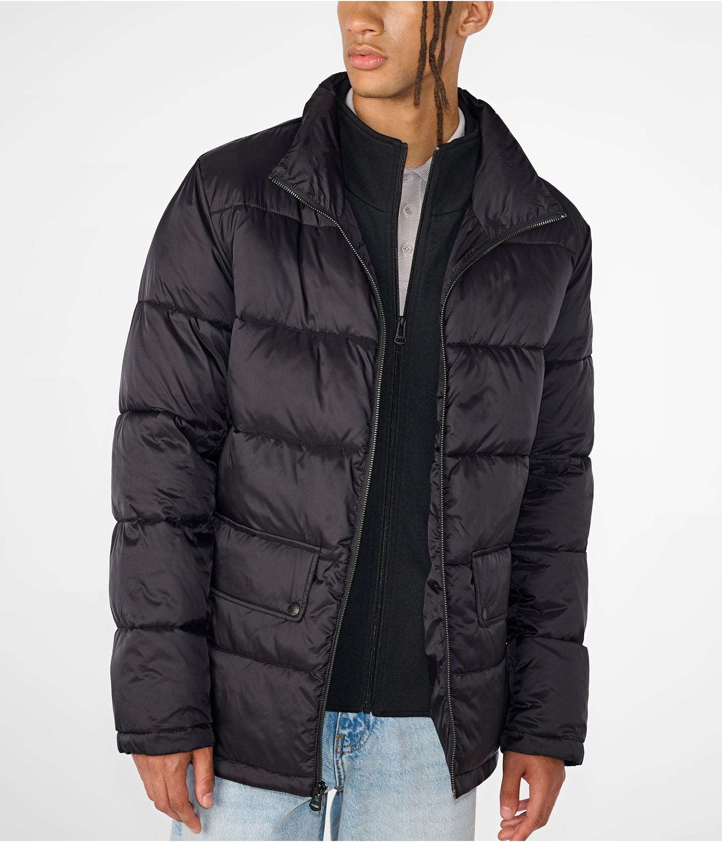 Men's Puffer Jacket In Black With Band Collar