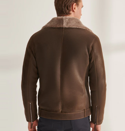Men's Shearling Aviator Biker Leather Jacket In Dark Brown