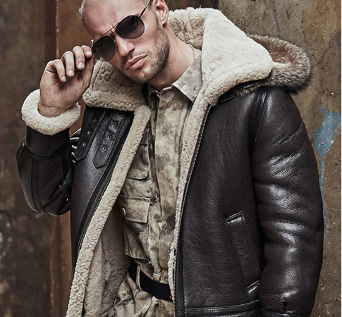 Men's Shearling Aviator Parka Leather Jackets In Dark Brown