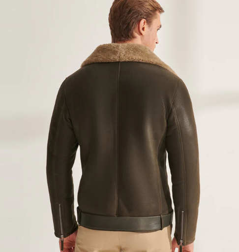 Men's Shearling Fur Biker Leather Jacket In Khaki