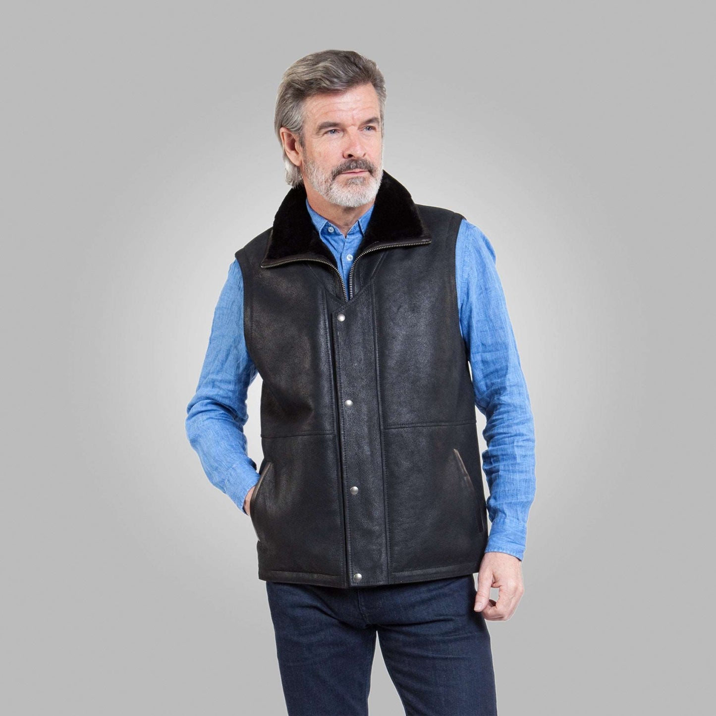 Men's Shearling Leather Vest In Black