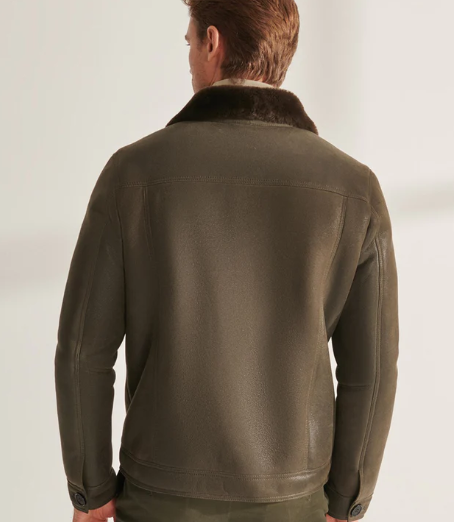 Men's Shearling Trucker Leather Jacket In Khaki