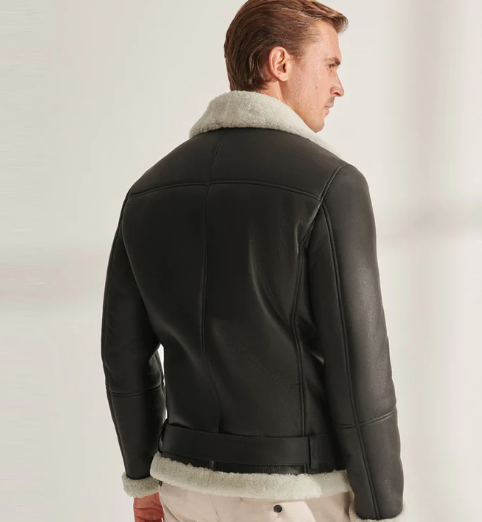 Men's Shearling Aviator Biker Jacket In Black