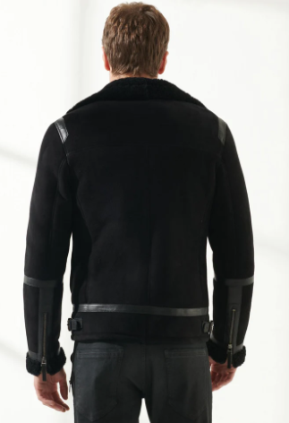 Men's Sheepskin Aviator Biker Leather Jacket In Black