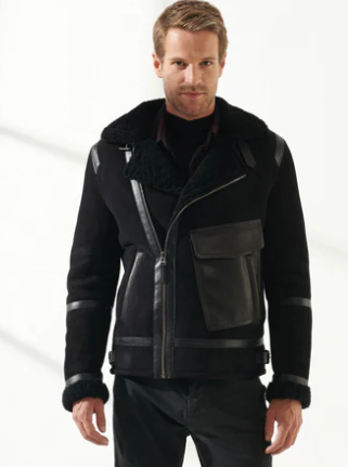 Men's Sheepskin Aviator Biker Jacket In Black