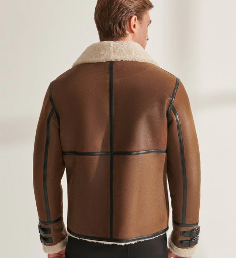 Men's Sheepskin Aviator Fur Leather Jacket In Brown