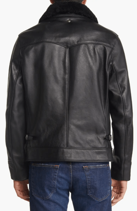 Men's Sheepskin Leather Jacket In Black With Removable Shearling Collar