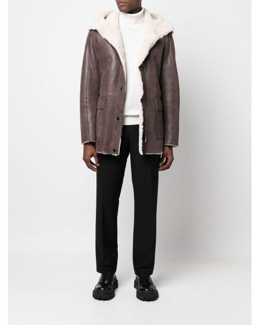 Men's Sheepskin Leather Jacket In Brown With Hood
