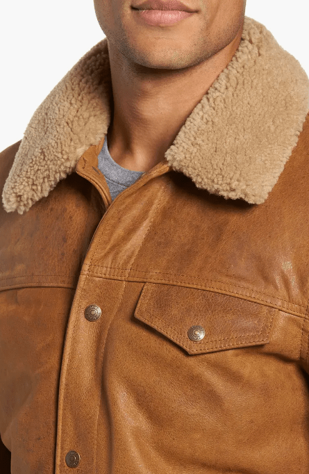 Men's Sheepskin Leather Jacket In Brown