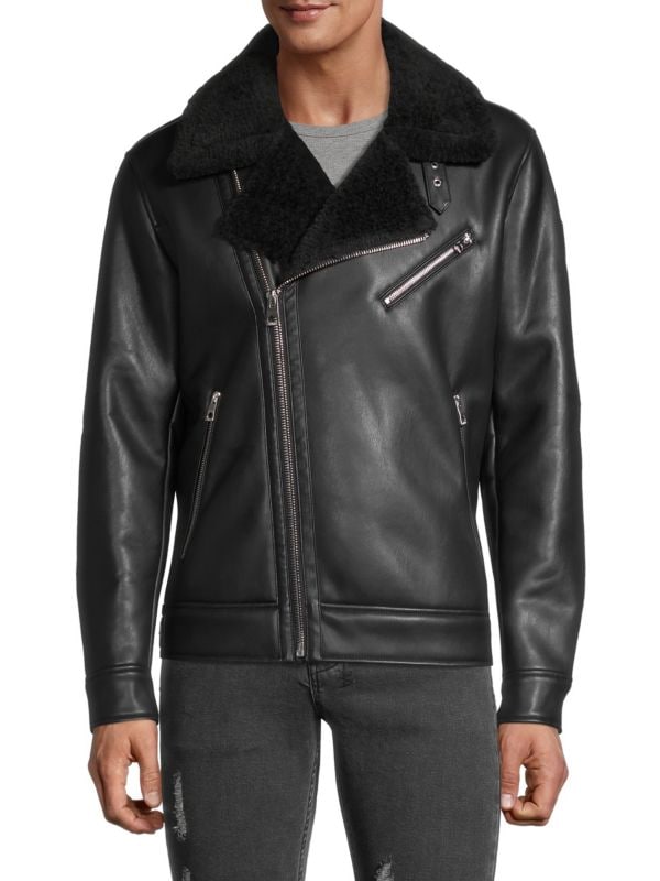 Men's Sheepskin Leather Shearling Biker Jacket In Back