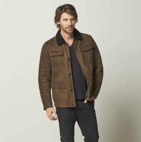 Men's Sheepskin Trucker Jacket in Dark Brown