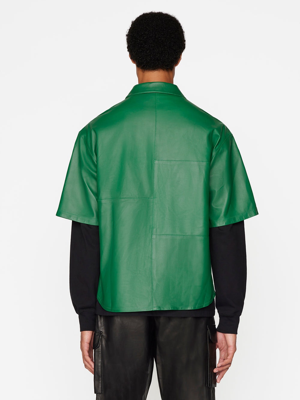 Men's Short Sleeve Leather Shirt In Dark Green