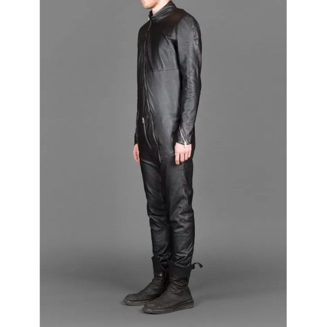 Men's Slim Fit Black Leather Jumpsuit With Front ZipMen's Slim Fit Black Leather Jumpsuit With Front Zip