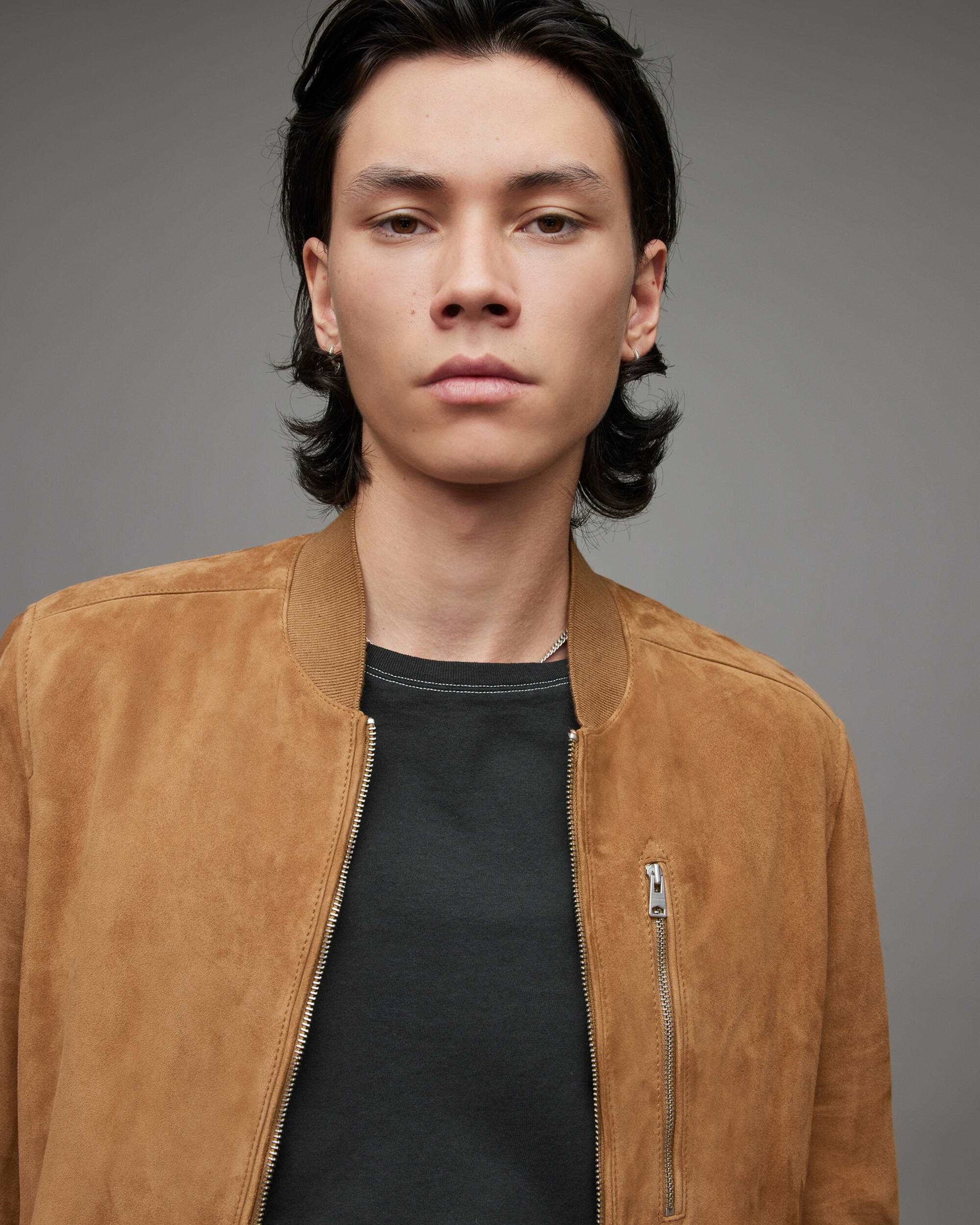 Men's Suede Leather Bomber Jacket In Brown