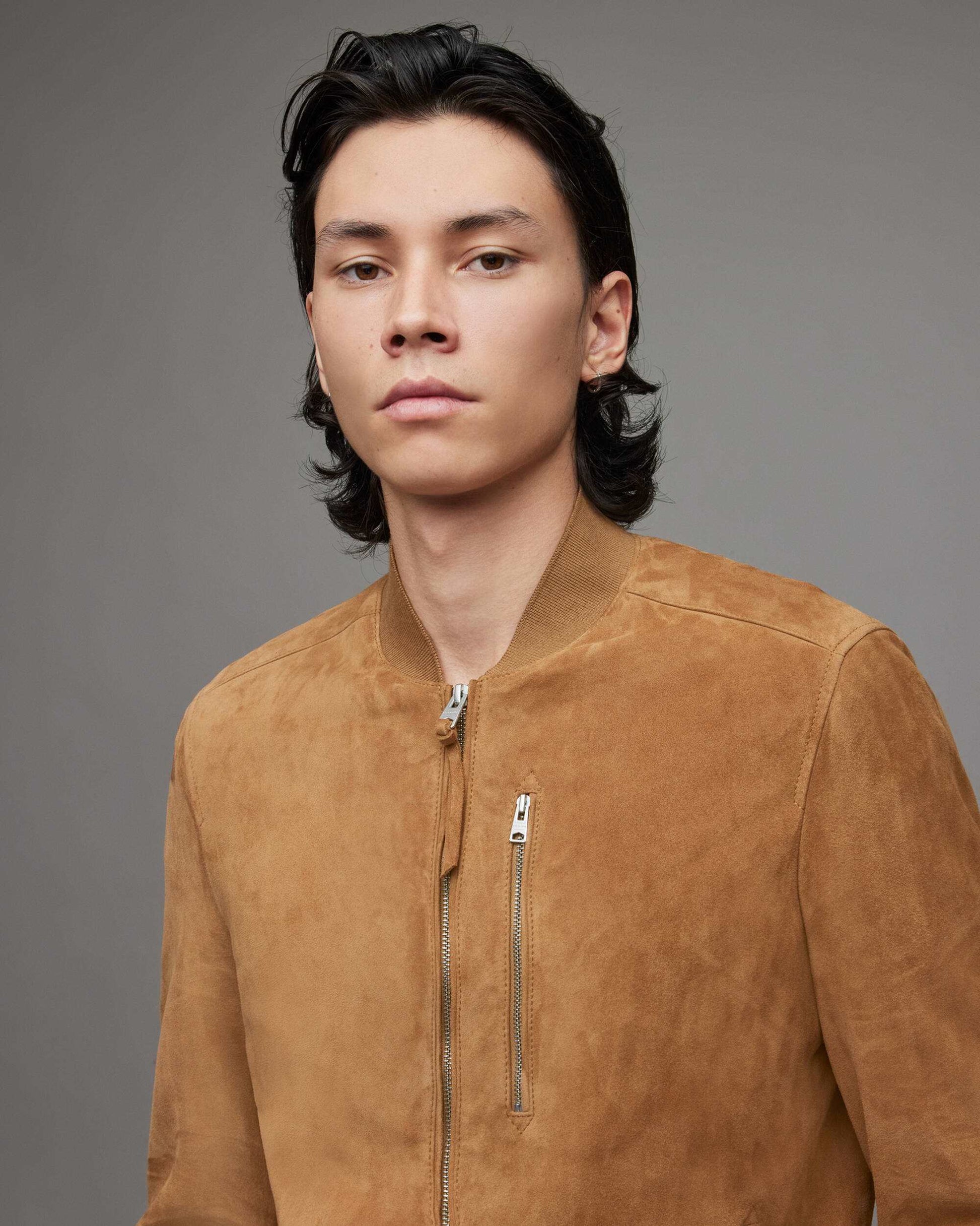 Men's Suede Leather Bomber Jacket In Brown