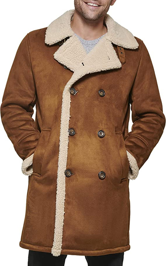 Men's Suede Leather Shearling Coat In Tan Brown