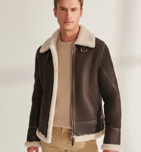 Men's White Sheepskin Leather Jacket In Dark Brown