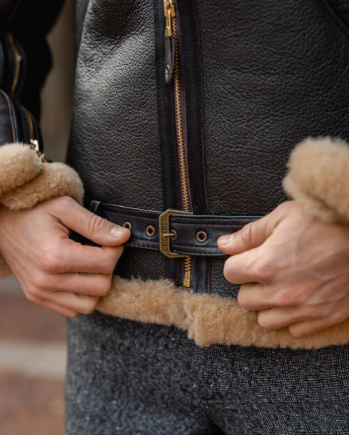 Men's Aviator Fur Sheepskin Jacket In Black