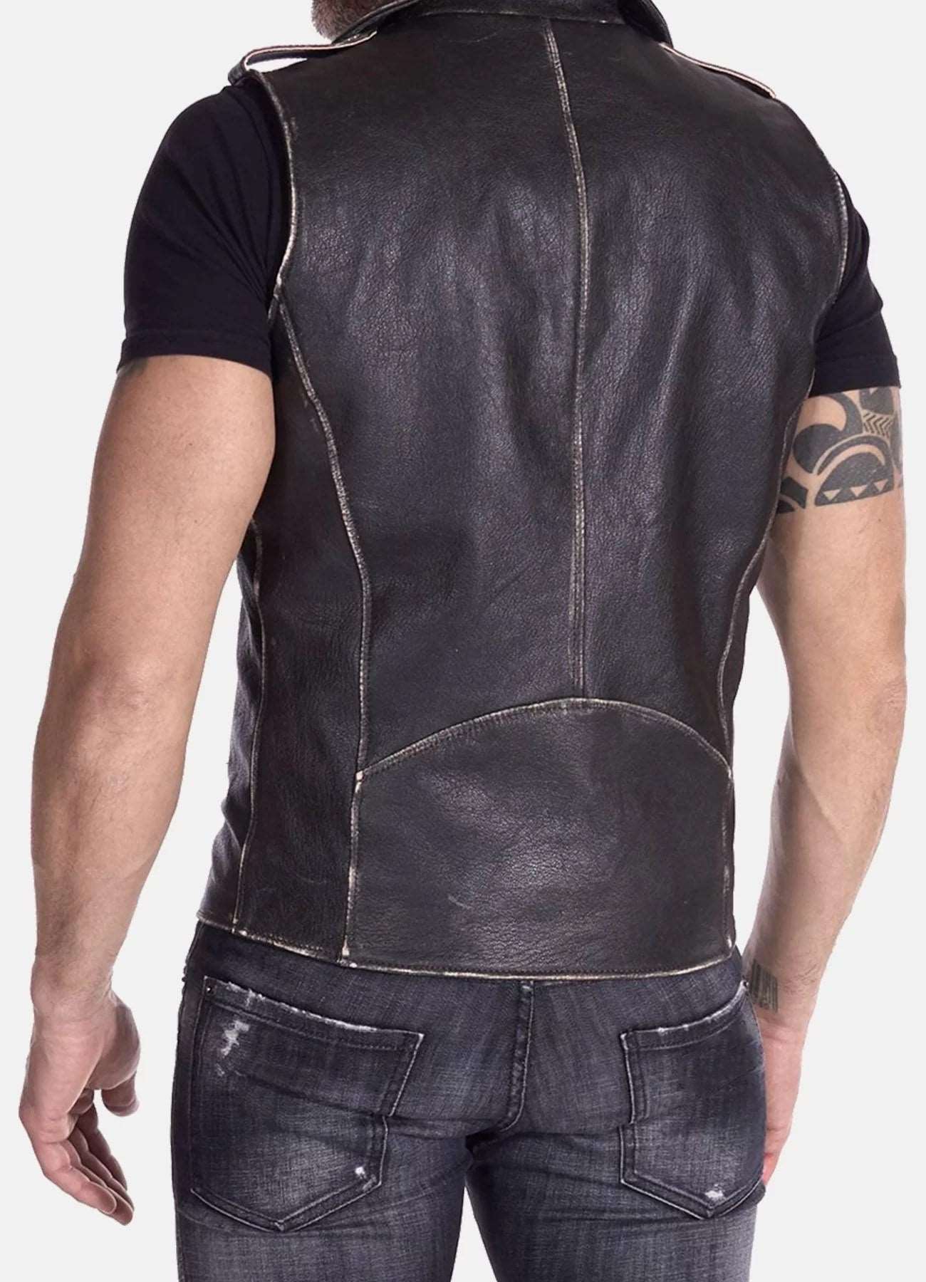 Men's Distressed Leather Biker Vest In Black