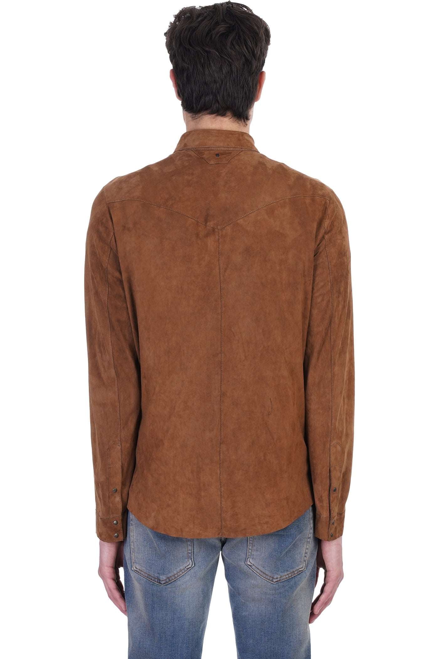 Men's Full Sleeve Suede Leather Shirt In Tan Brown