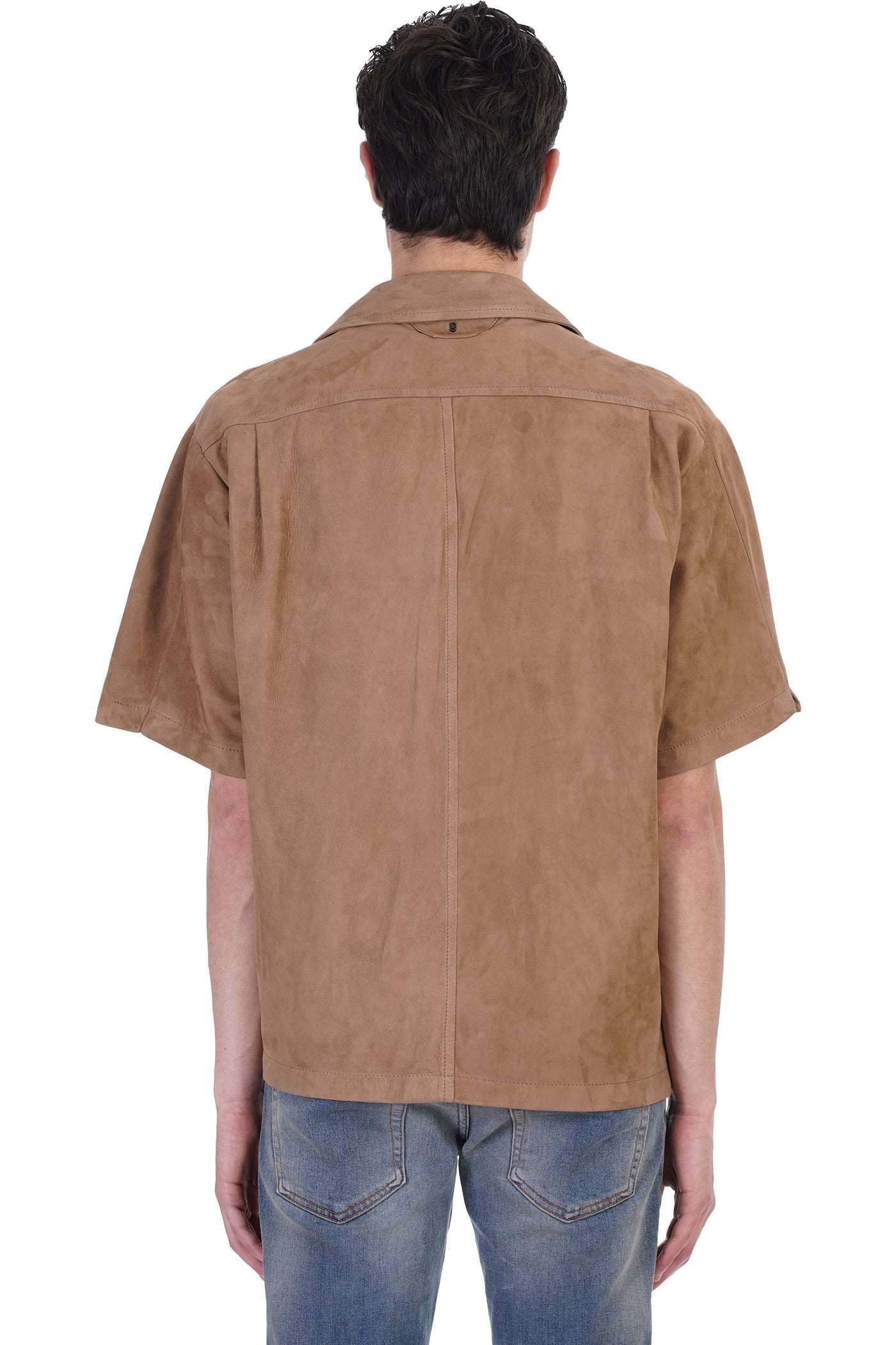 Men's Half Sleeve Suede Leather Shirt In Tan Brown