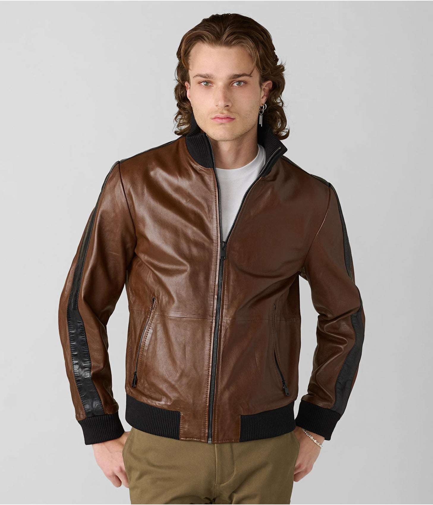 Men's Leather Bomber Jacket In Chocolate Brown With Stripes